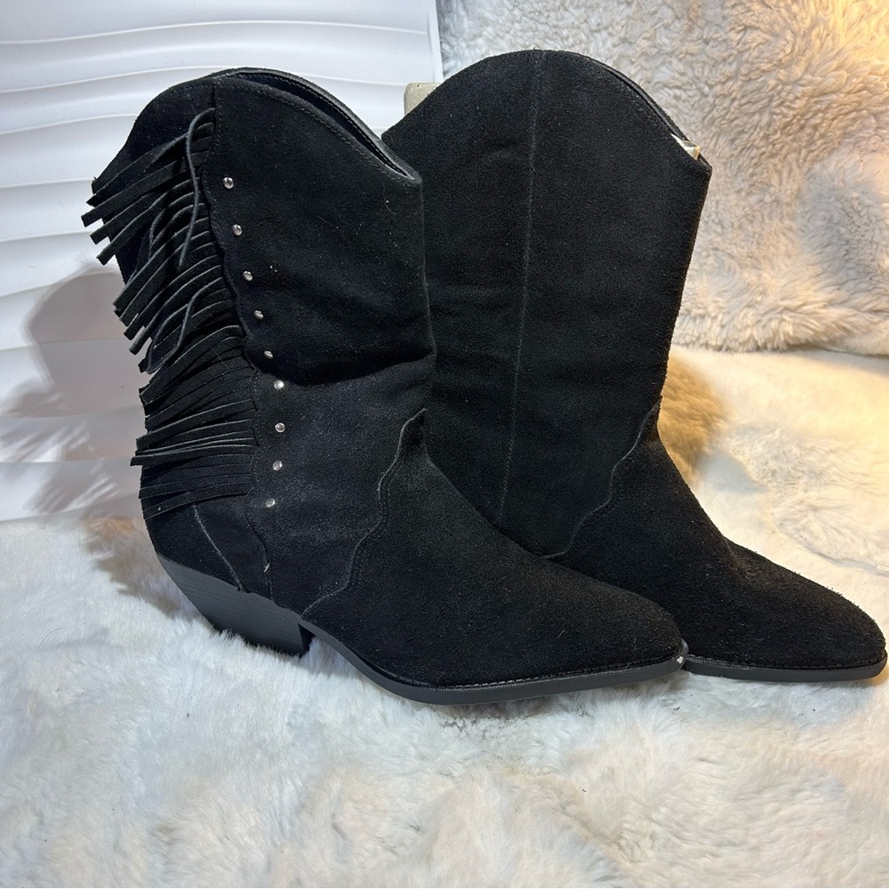 Original Arizona Jeans Co Black Fringed Suede  Boots Size 7.5 Heel Hight 1.5”